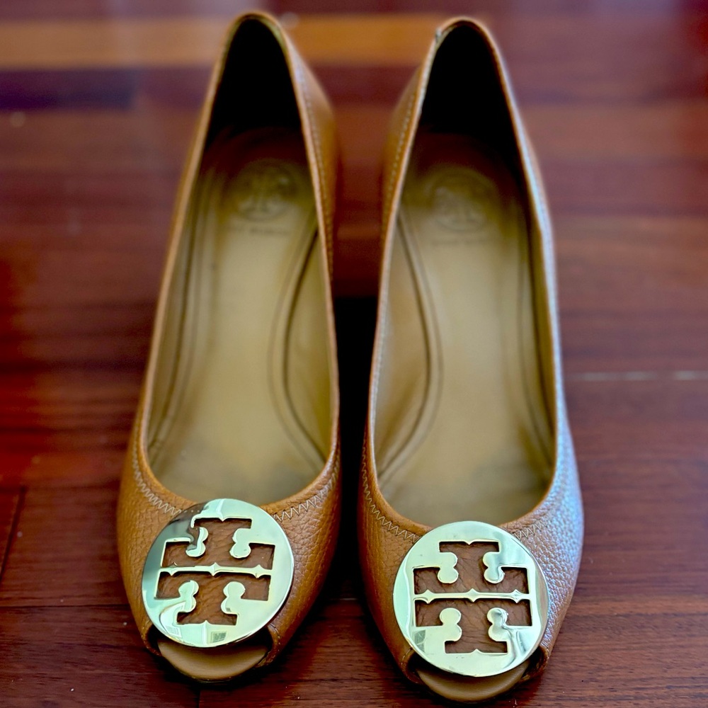 Tory Burch Sally 2 Peep Toe Wedge Pump. Size 9. Tan leather. Great condition.